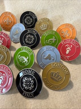 Set-of-18 1” Euro City Metal/Enamel Designer Pushpins by Ballard Designs